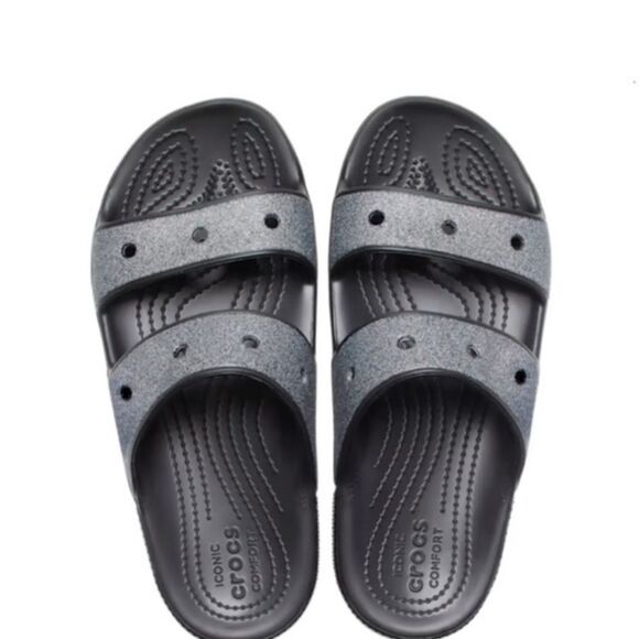 CROCS Classic Glitter 2 Strap Slide Sandal Womens Sz 10 Slip On Black / Silver! - Picture 3 of 12